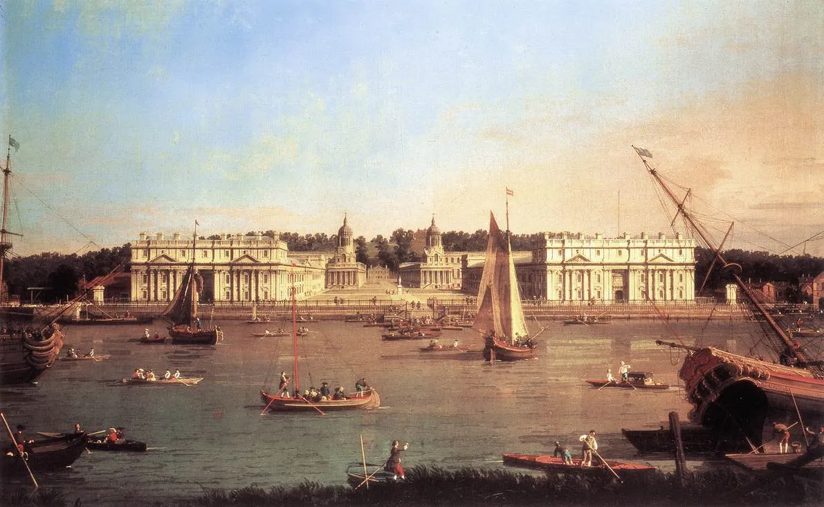 London: Greenwich Hospital from the North Bank of the Thames (1753) by Canaletto — original painting reproduced as a hand-painted oil on canvas