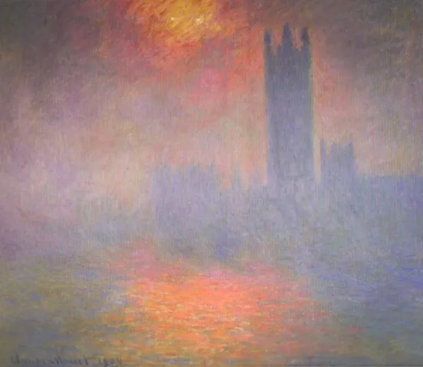 London, the Houses of Parliament, Sunlight Opening in Fog (1904) by Claude Monet — original painting reproduced as a hand-painted oil on canvas