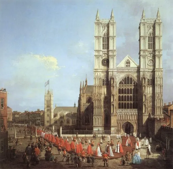 London: Westminster Abbey, with a Procession of Knights of the Bath (1749) by Canaletto — original painting reproduced as a hand-painted oil on canvas