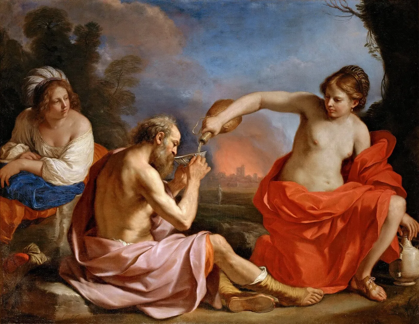 Lot and His Daughters (1651) by Guercino — original painting reproduced as a hand-painted oil on canvas