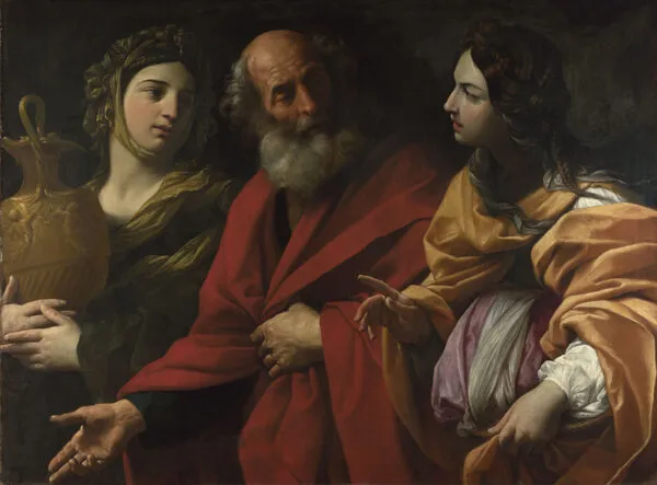 Lot and his Daughters leaving Sodom (1615) by Guido Reni — original painting reproduced as a hand-painted oil on canvas