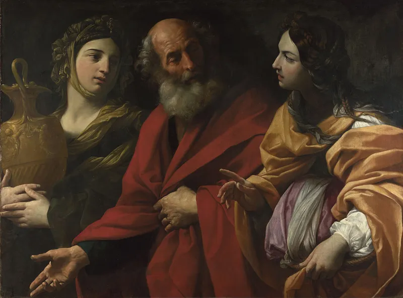 Lot and his Daughters leaving Sodom (1615) by Guido Reni — original painting reproduced as a hand-painted oil on canvas