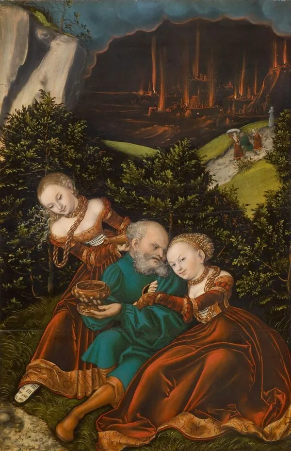 Lot and his daughters (1528) by Lucas Cranach the Elder — original painting reproduced as a hand-painted oil on canvas