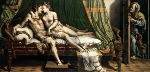 Love Scene (1525) by Giulio Romano — original painting reproduced as a hand-painted oil on canvas