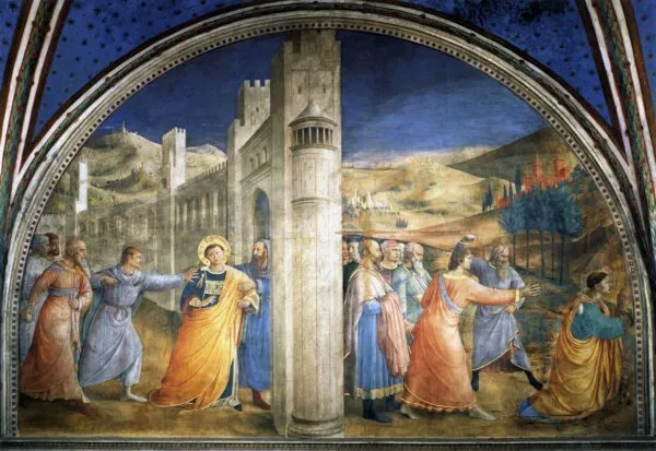Lunette of the east wall in Niccoline Chapel (1447) by Fra Angelico — original painting reproduced as a hand-painted oil on canvas