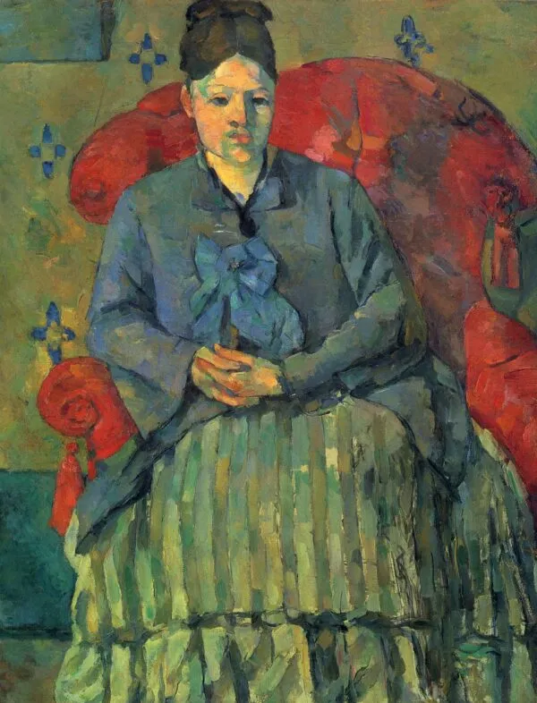 Madame Cézanne à la jupe rayée (Madame Cézanne in a Red Armchair) (1877) by Paul Cézanne — original painting reproduced as a hand-painted oil on canvas