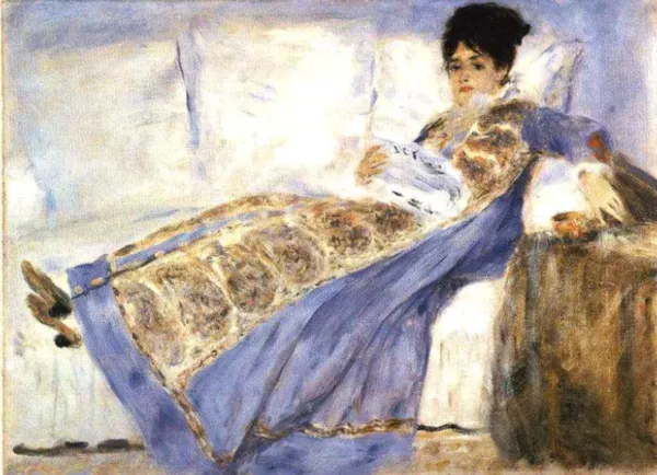 Madame Monet Reading Le Figaro (1874) by Pierre-Auguste Renoir — original painting reproduced as a hand-painted oil on canvas