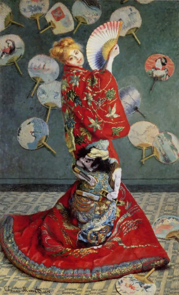 Madame Monet wearing a kimono (1876) by Claude Monet — original painting reproduced as a hand-painted oil on canvas