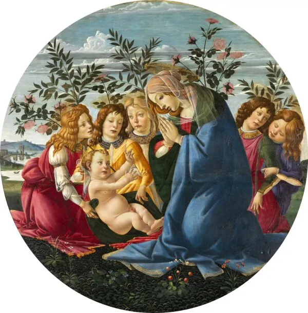 Madonna Adoring the Child with Five Angels (1480) by Sandro Botticelli — original painting reproduced as a hand-painted oil on canvas