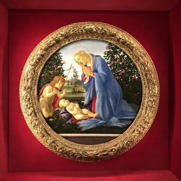 Madonna adoring the Child with St. John the Baptist (1477) by Sandro Botticelli — original painting reproduced as a hand-painted oil on canvas