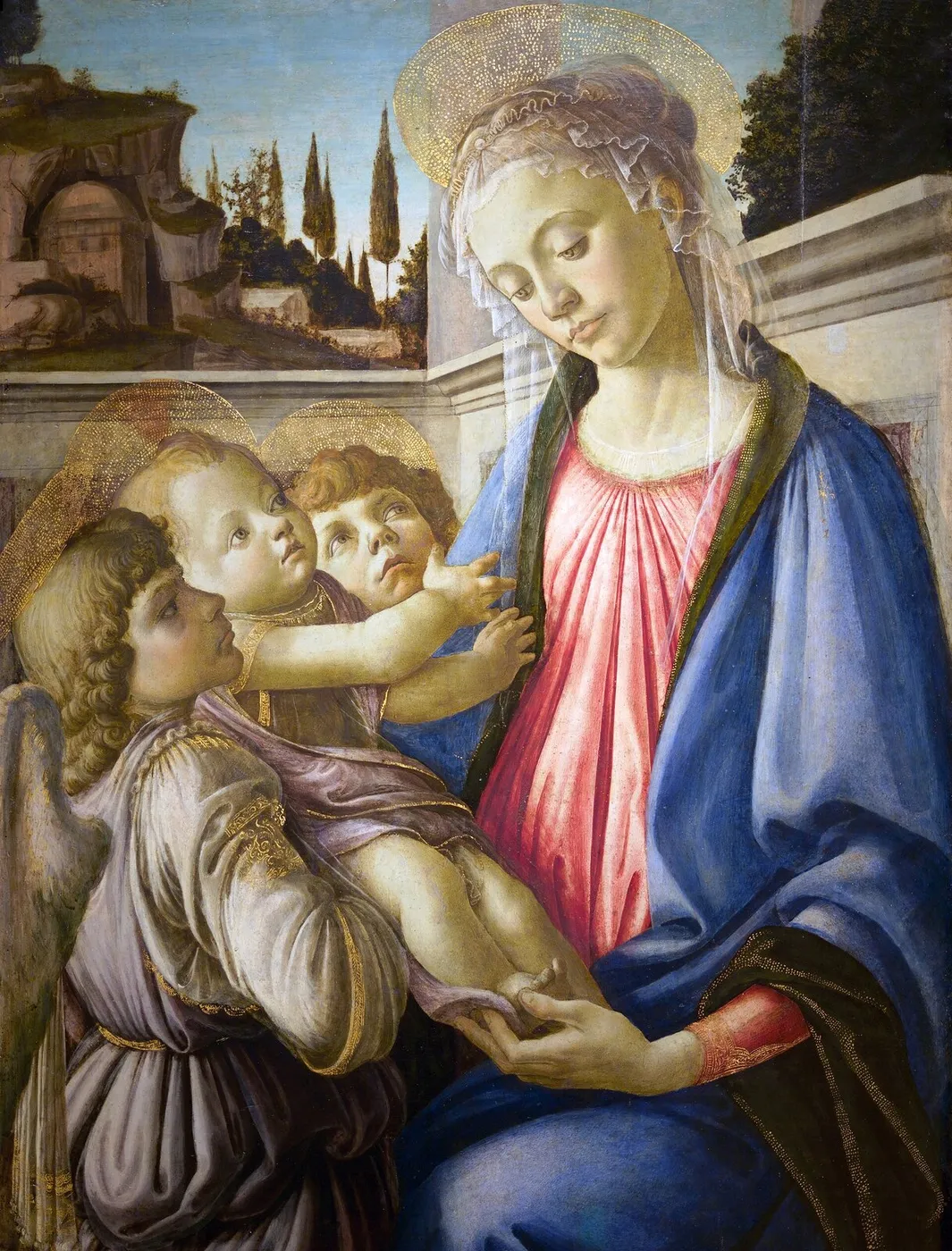 Madonna and Child and Two Angels (1460) by Sandro Botticelli — original painting reproduced as a hand-painted oil on canvas