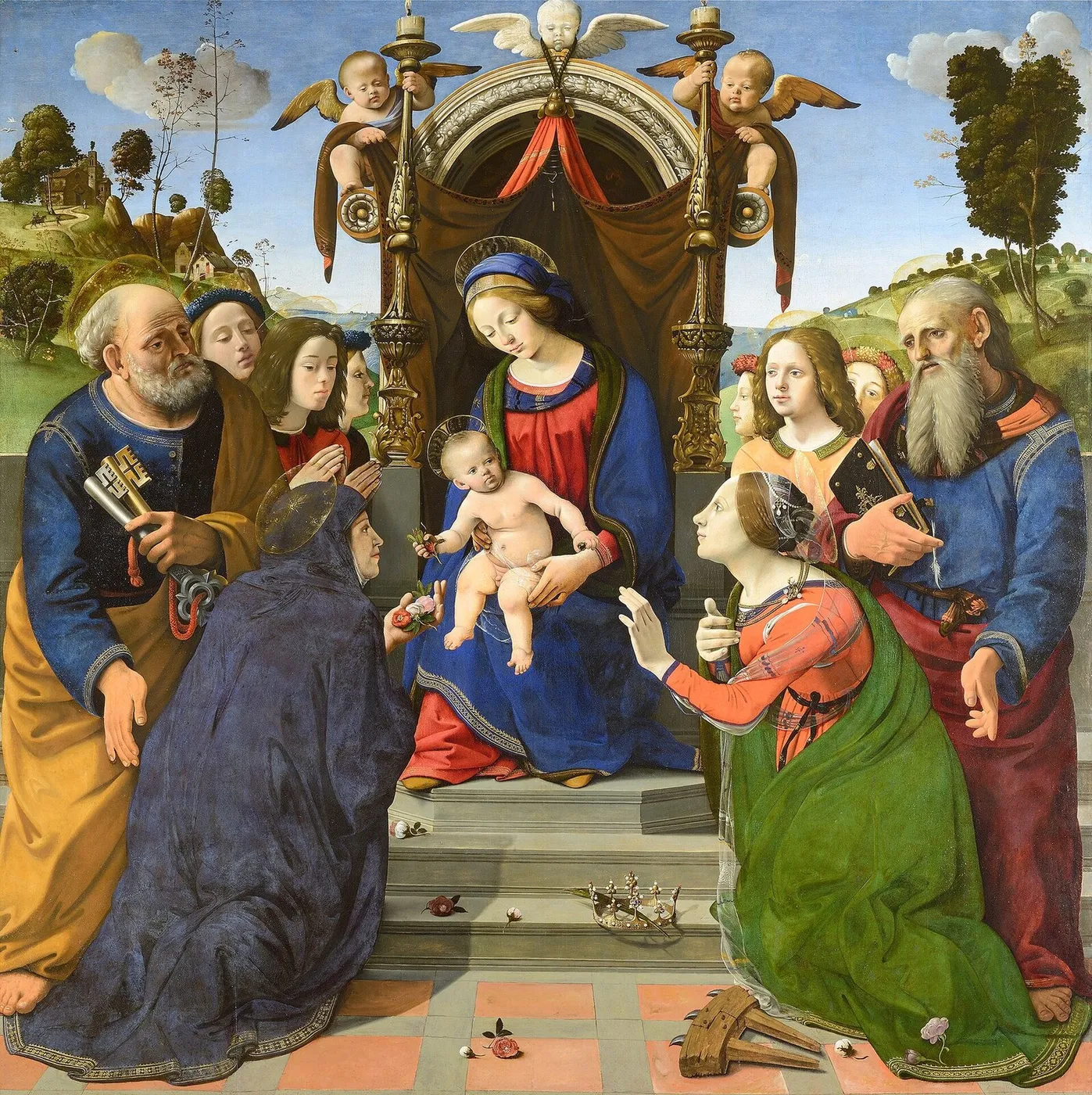 Madonna and Child Enthroned with Saints Peter, John the Evangelist, Elizabeth of Hungary (?), Catherine of Alexandria and angels (1493) by Piero di Cosimo — original painting reproduced as a hand-painted oil on canvas