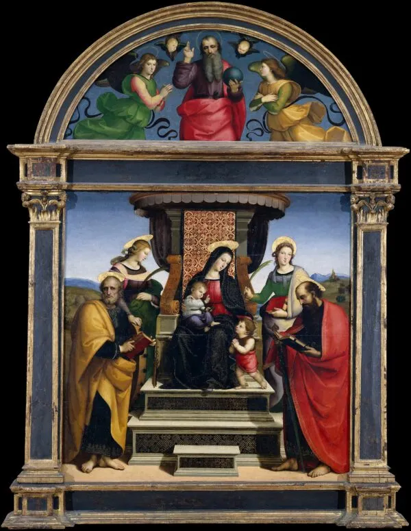Madonna and Child Enthroned with Saints (1504) by Raphael — original painting reproduced as a hand-painted oil on canvas