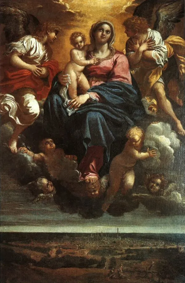 Madonna and Child in Glory over the City of Bologna (1593) by Annibale Carracci — original painting reproduced as a hand-painted oil on canvas
