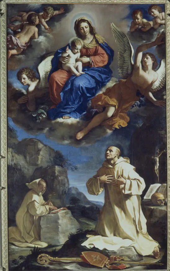 Madonna and Child in Glory with Saint Bruno (1647) by Guercino — original painting reproduced as a hand-painted oil on canvas