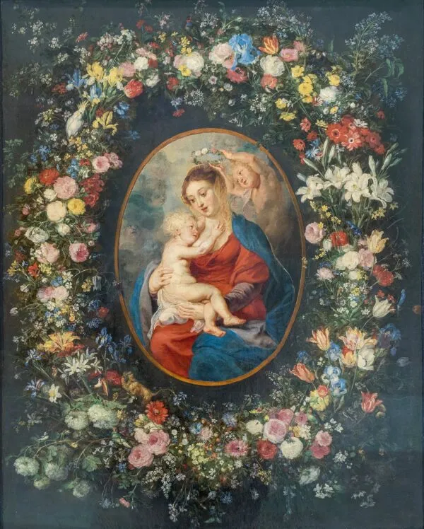 Madonna and Child with Angels in a Garland of Flowers (1617) by Jan Brueghel the Elder — original painting reproduced as a hand-painted oil on canvas