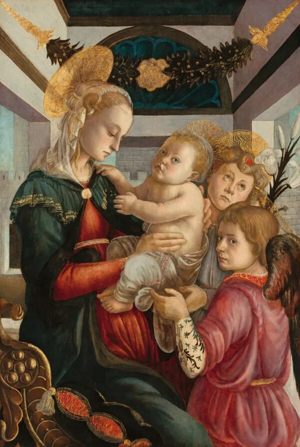 Madonna and Child with Angels (1450) by Sandro Botticelli — original painting reproduced as a hand-painted oil on canvas