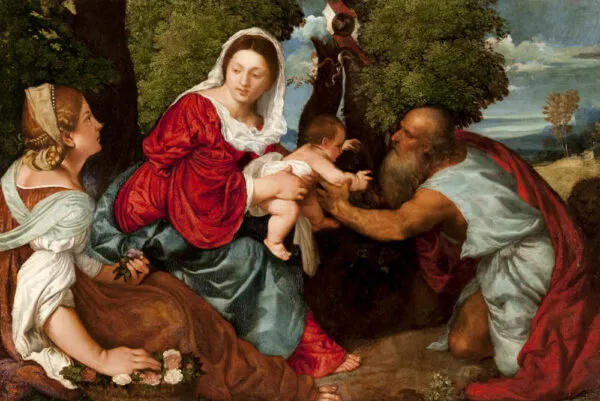 Madonna and Child with Saint Jerome and Saint Dorothy (1518) by Titian — original painting reproduced as a hand-painted oil on canvas