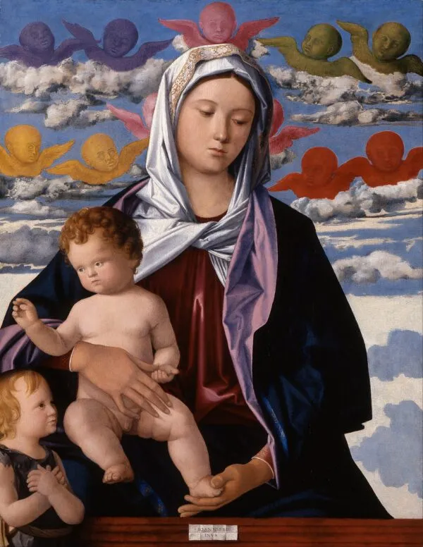 Madonna and Child with Saint John the Baptist (1495) by Giovanni Bellini — original painting reproduced as a hand-painted oil on canvas