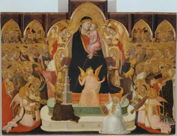 Madonna and child with saints and angels (1335) by Ambrogio Lorenzetti — original painting reproduced as a hand-painted oil on canvas