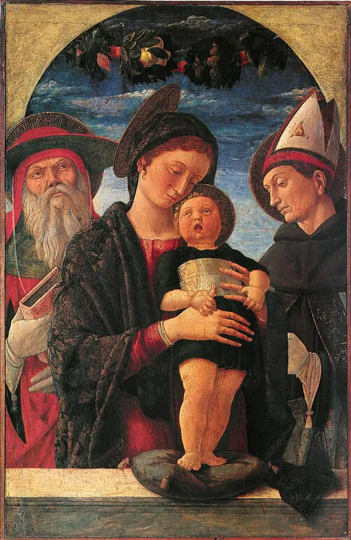 Madonna and Child with saints Jerome and Louis (1455) by Andrea Mantegna — original painting reproduced as a hand-painted oil on canvas