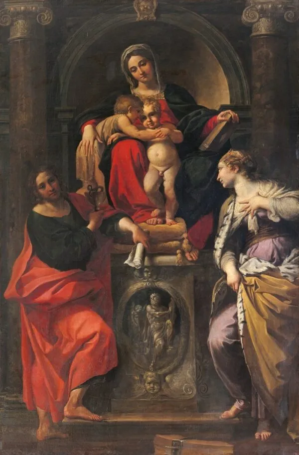 Madonna and Child with Saints John the Baptist, John the Evangelist, and St. Catherine (1593) by Annibale Carracci — original painting reproduced as a hand-painted oil on canvas