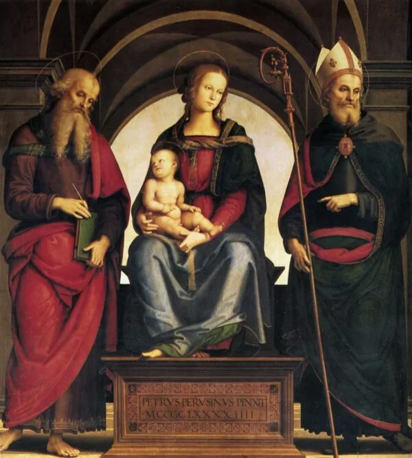 Madonna and Child with Saints John the Evangelist and Augustine (1494) by Pietro Perugino — original painting reproduced as a hand-painted oil on canvas