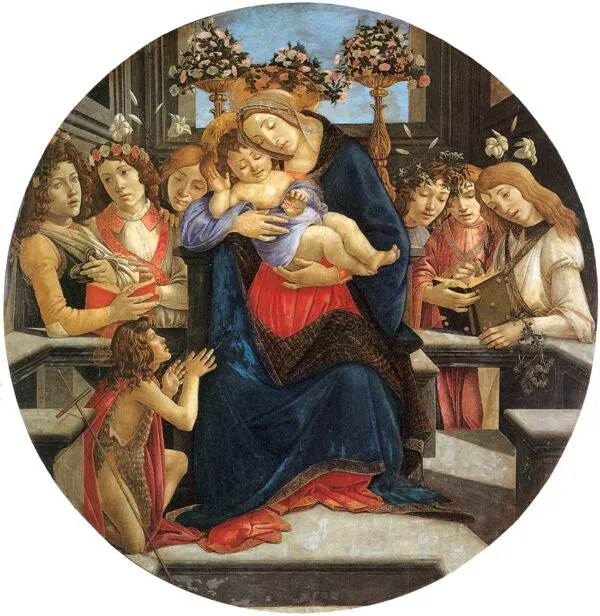 Madonna and Child with six angels and Saint John the Baptist as Child (1489) by Sandro Botticelli — original painting reproduced as a hand-painted oil on canvas