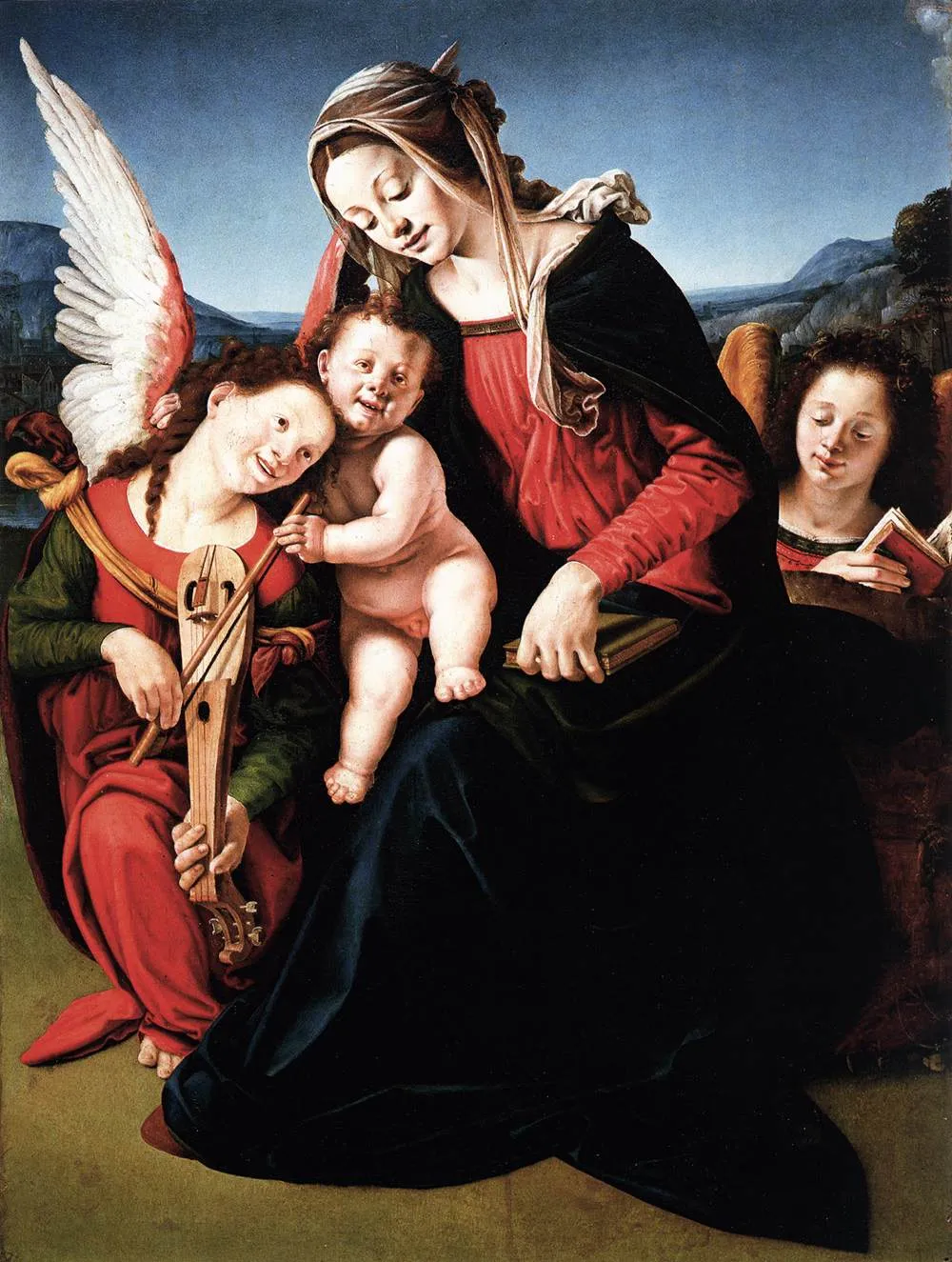 Madonna and Child with Two Angels (1507) by Piero di Cosimo — original painting reproduced as a hand-painted oil on canvas