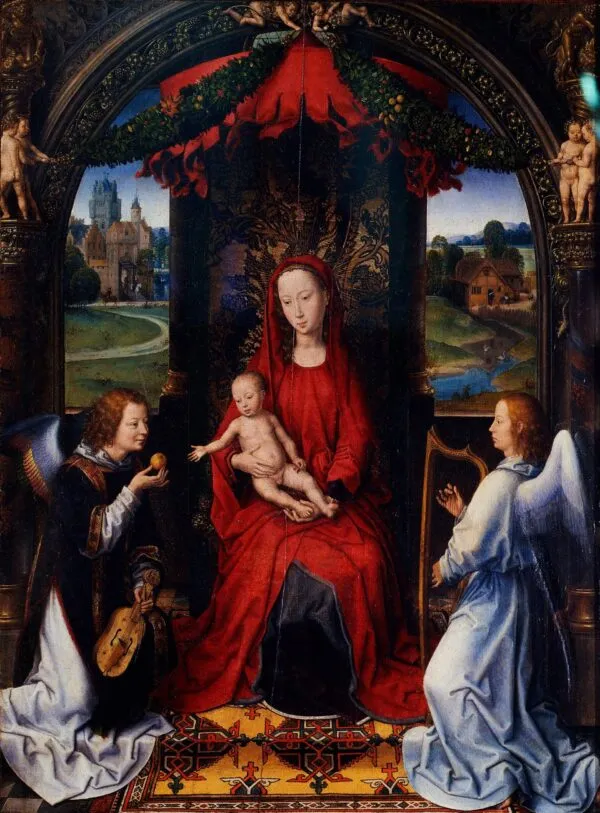 Madonna enthroned with child and two musical angels (1480) by Hans Memling — original painting reproduced as a hand-painted oil on canvas