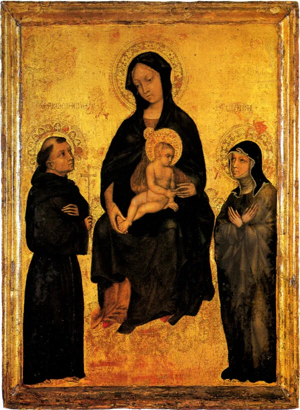 Madonna in Glory between Saint Francis and Saint Clare (1390) by Gentile da Fabriano — original painting reproduced as a hand-painted oil on canvas
