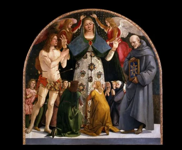 Madonna of Mercy and Saints Sebastian and Bernardino da Siena (1490) by Luca Signorelli — original painting reproduced as a hand-painted oil on canvas