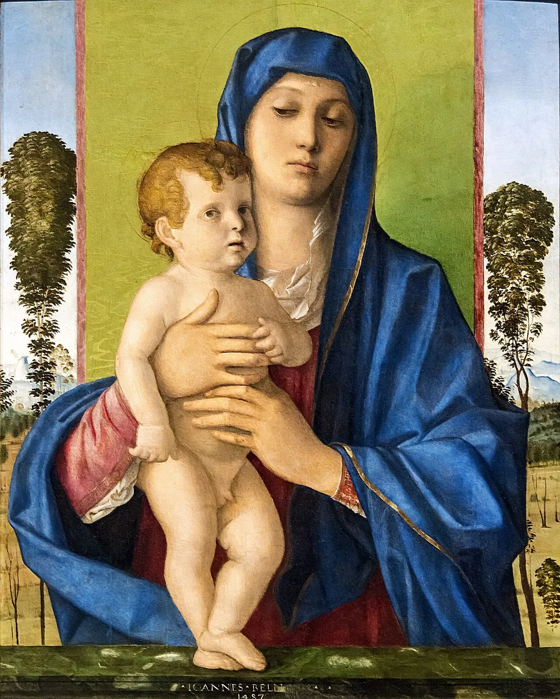 Madonna of the Small Trees (1487) by Giovanni Bellini — original painting reproduced as a hand-painted oil on canvas