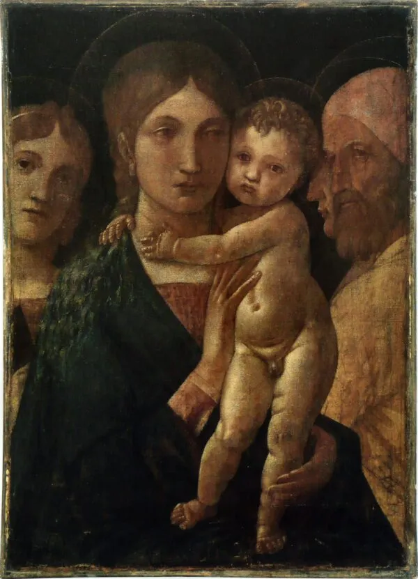 Madonna with child and three saints (1490) by Andrea Mantegna — original painting reproduced as a hand-painted oil on canvas