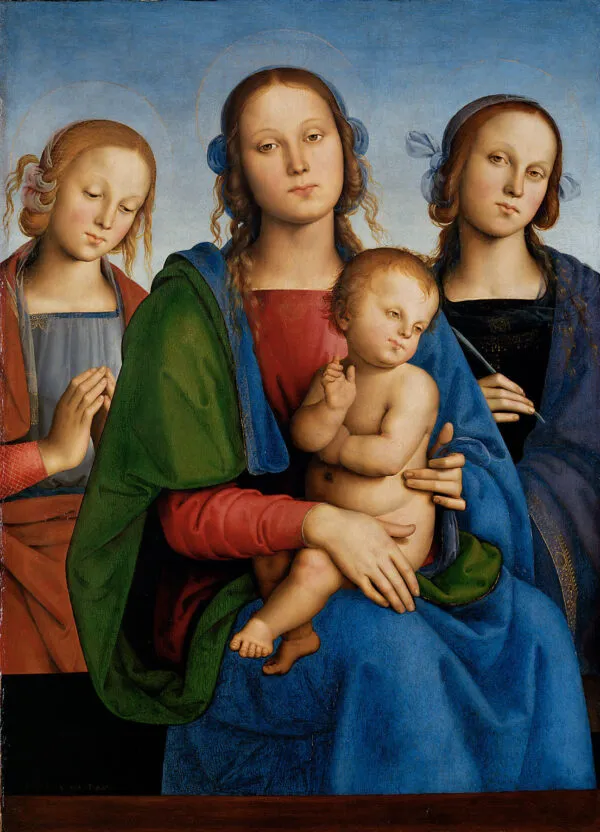 Madonna with child and two female saints (1493) by Pietro Perugino — original painting reproduced as a hand-painted oil on canvas