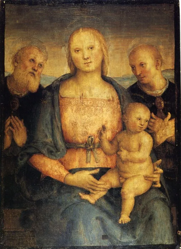 Madonna with child between Saint Herculanus and Saint Constantius (1515) by Pietro Perugino — original painting reproduced as a hand-painted oil on canvas