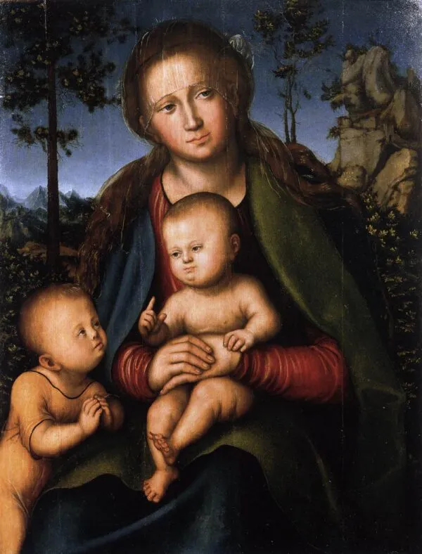 Madonna with Child with Young John the Baptist (1514) by Lucas Cranach the Elder — original painting reproduced as a hand-painted oil on canvas