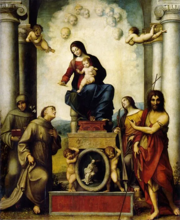 Madonna with St. Francis (1514) by Antonio da Correggio — original painting reproduced as a hand-painted oil on canvas