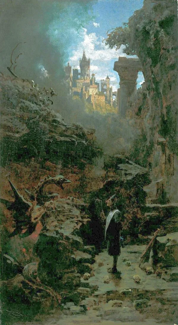 Magician and Dragon (1875) by Carl Spitzweg — original painting reproduced as a hand-painted oil on canvas