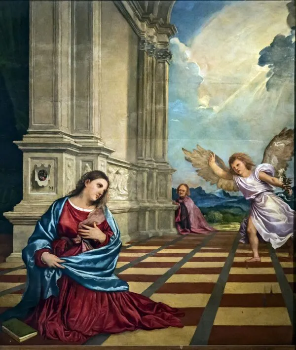 Malchiostro Annunciation (1520) by Titian — original painting reproduced as a hand-painted oil on canvas