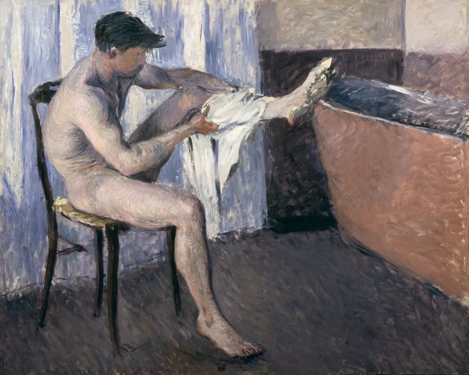 Man dries his leg (1884) by Gustave Caillebotte — original painting reproduced as a hand-painted oil on canvas