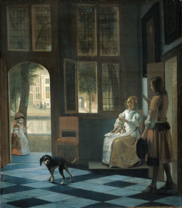 Man Handing a Letter to a Woman in the Entrance Hall of a House (1670) by Pieter de Hooch — original painting reproduced as a hand-painted oil on canvas