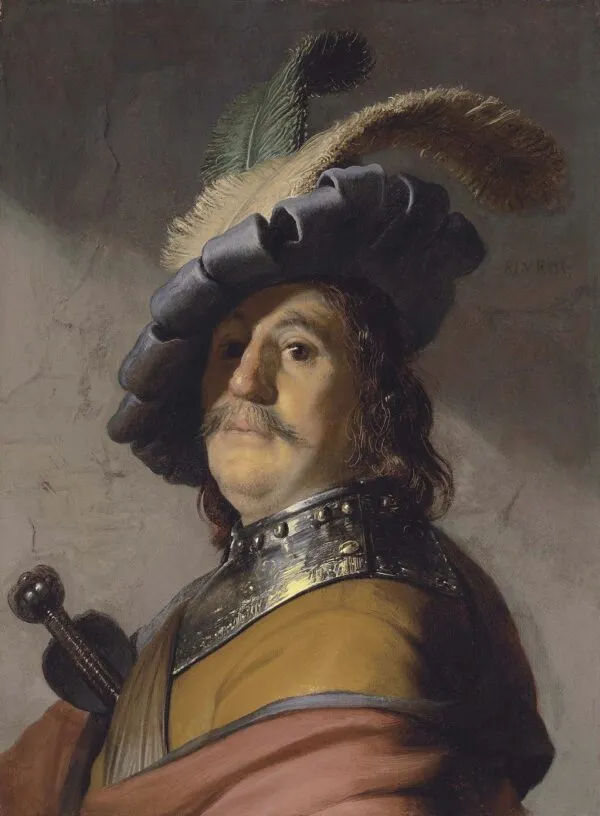 Man in a gorget and a plumed cap (1626) by Rembrandt — original painting reproduced as a hand-painted oil on canvas