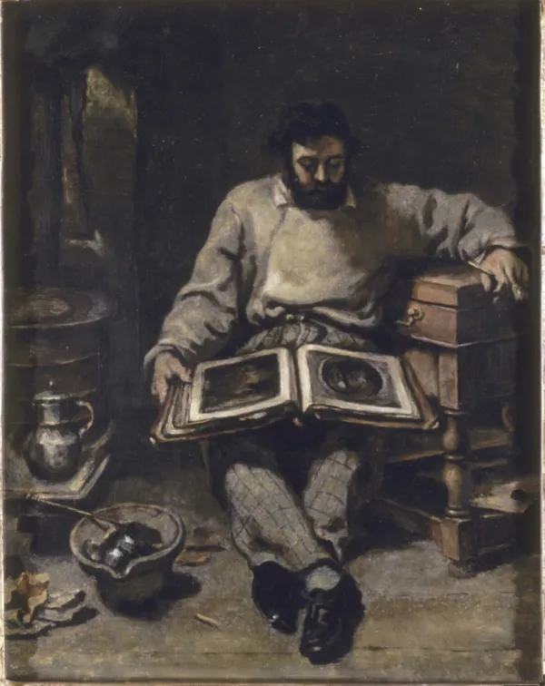 Marc Trapadoux examinant un livre d'estampes (1849) by Gustave Courbet — original painting reproduced as a hand-painted oil on canvas
