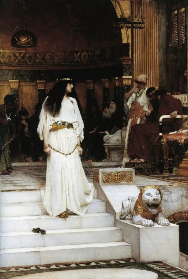 Mariamne Leaving the Judgement Seat of Herod (1887) by John William Waterhouse — original painting reproduced as a hand-painted oil on canvas