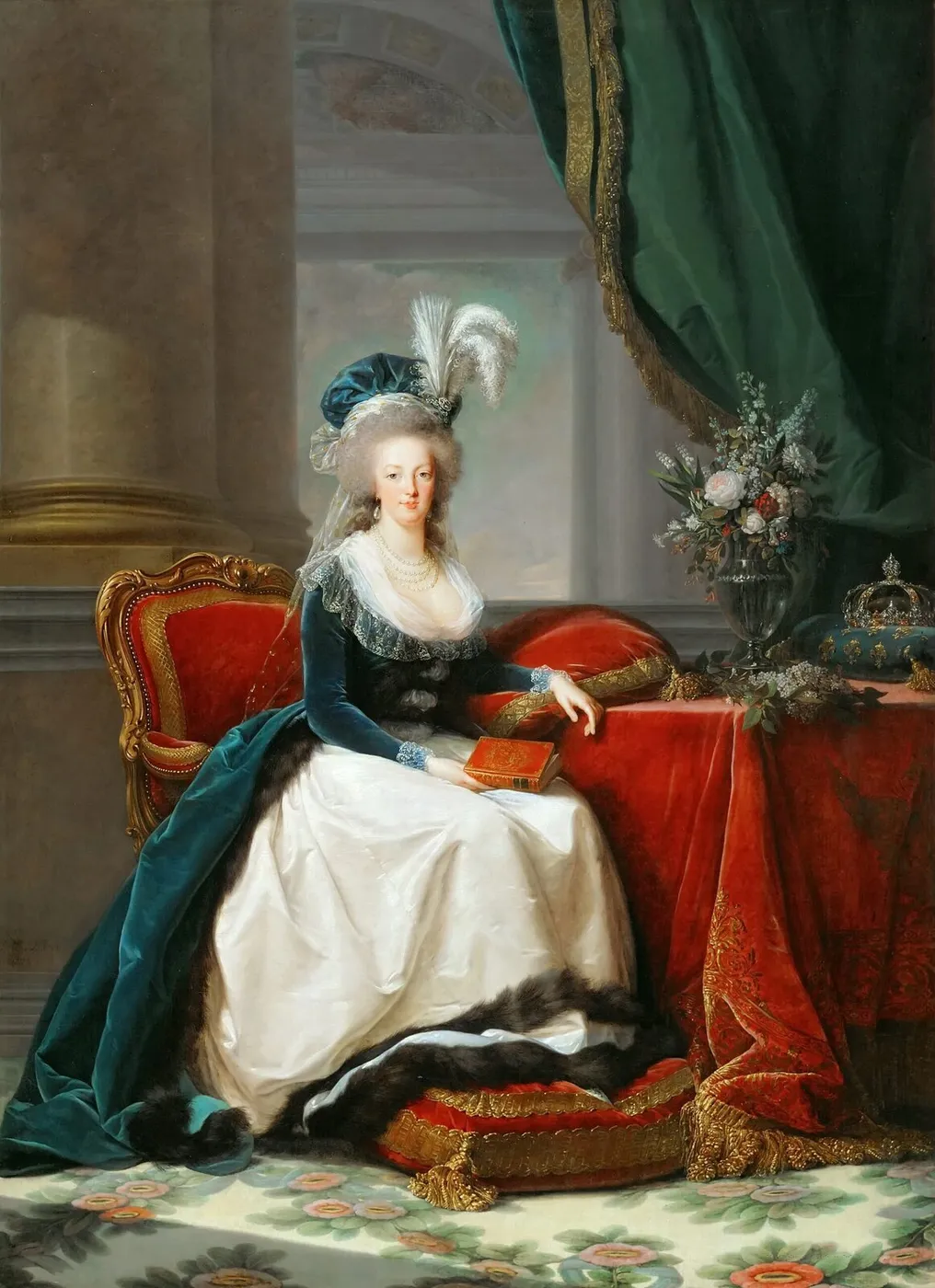 Marie-Antoinette seated, in blue coat and white dress, holding a book in her hand — Élisabeth Louise Vigée Le Brun