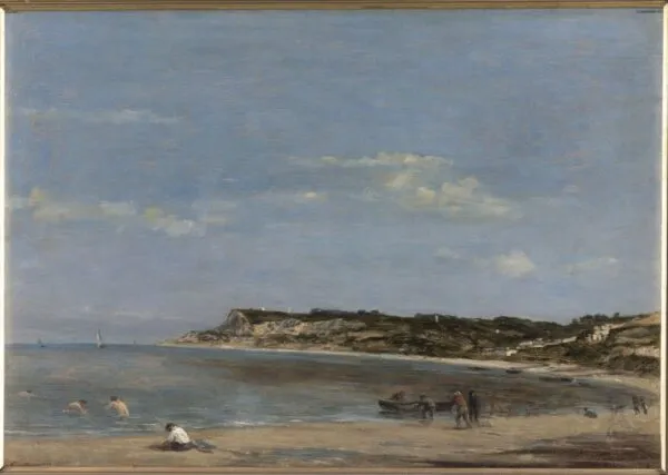 Marine shores Normandy" (1856) by Eugène Louis Boudin — original painting reproduced as a hand-painted oil on canvas