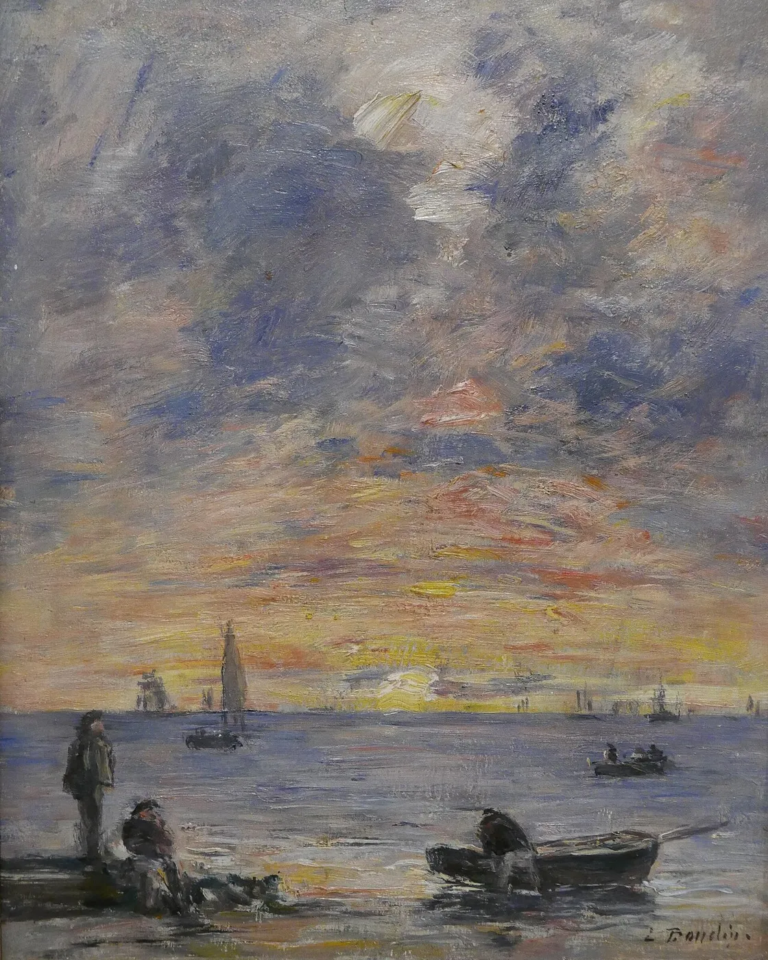 Marine, soleil couchant (1885) by Eugène Louis Boudin — original painting reproduced as a hand-painted oil on canvas