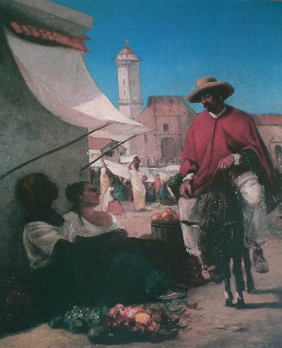Market scene at the Plaza Mayor, Caracas (1850) by Camille Pissarro — original painting reproduced as a hand-painted oil on canvas