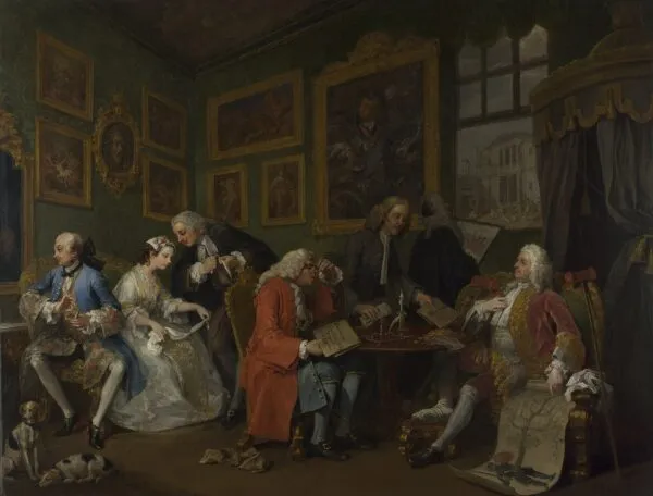 Marriage A-la-Mode: 1. The Marriage Settlement (1743) by William Hogarth — original painting reproduced as a hand-painted oil on canvas